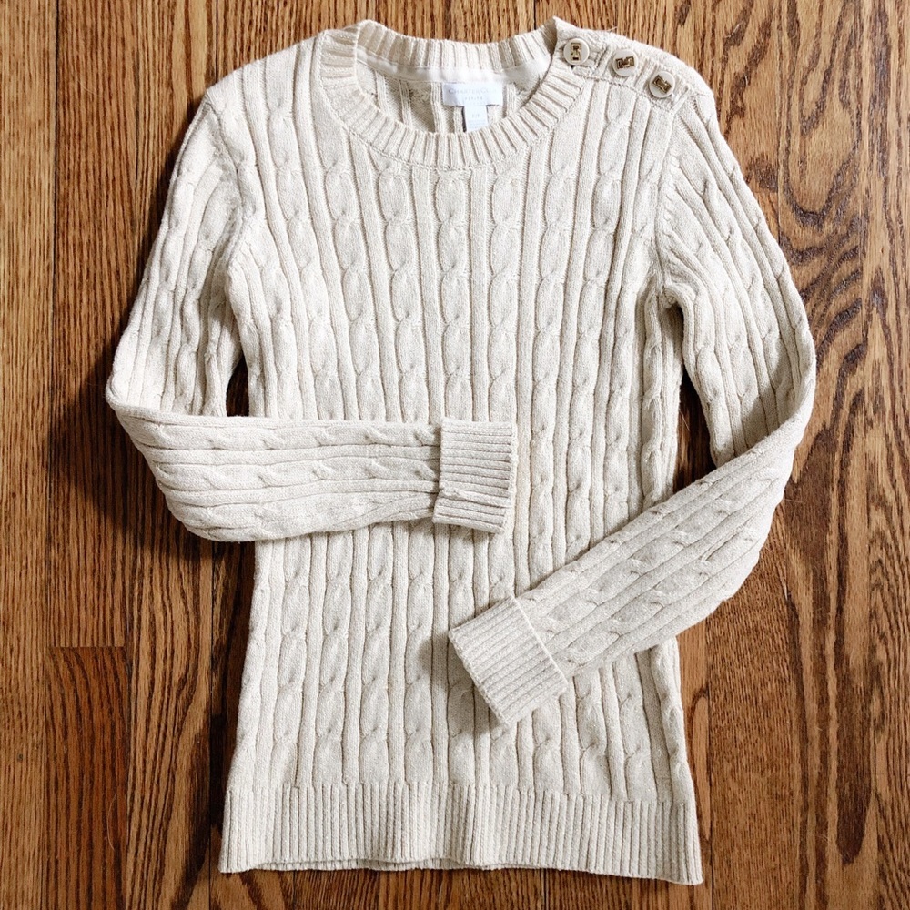 90s Vintage Charter Club Metallic Thread Cable Knit Sweater Ecru Size Small